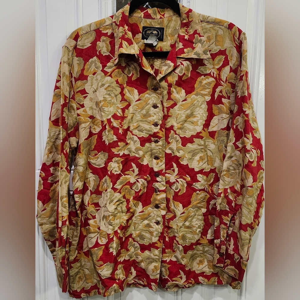 British Khaki Red Linen Blend Blouse With Brown Floral Print Women's Size 8